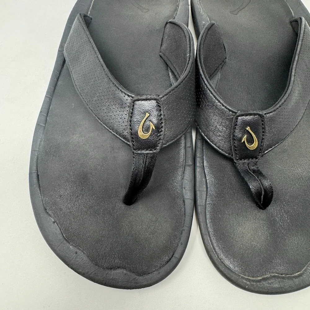 OLUKAI KUPUNA Black Leather Flip Flop Sandals Men's Size US 11